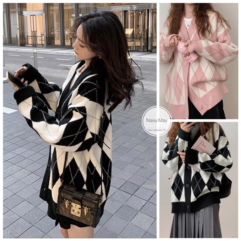 Áo Khoác Cardigan NỈ Nữ Form Rộng Kẻ Caro Kim Cương Hàn Quốc Đen Hồng New