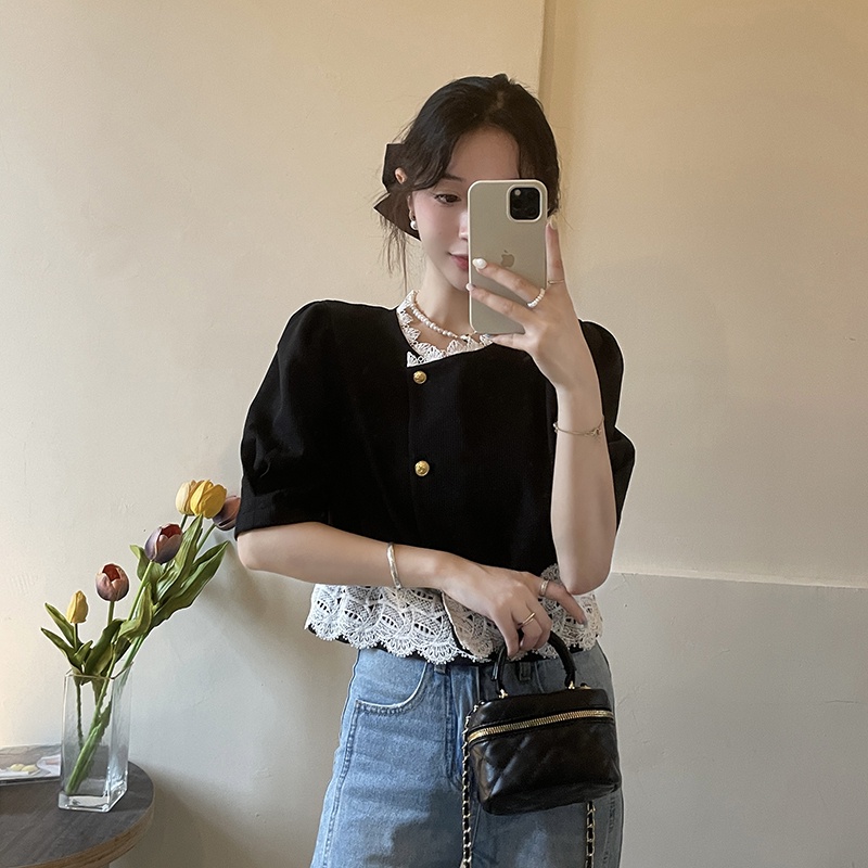 Áo croptop NZN tay ngắn phối ren hoa phong cách Hàn Quốc hợp thời trang (2 màu lựa chọn)