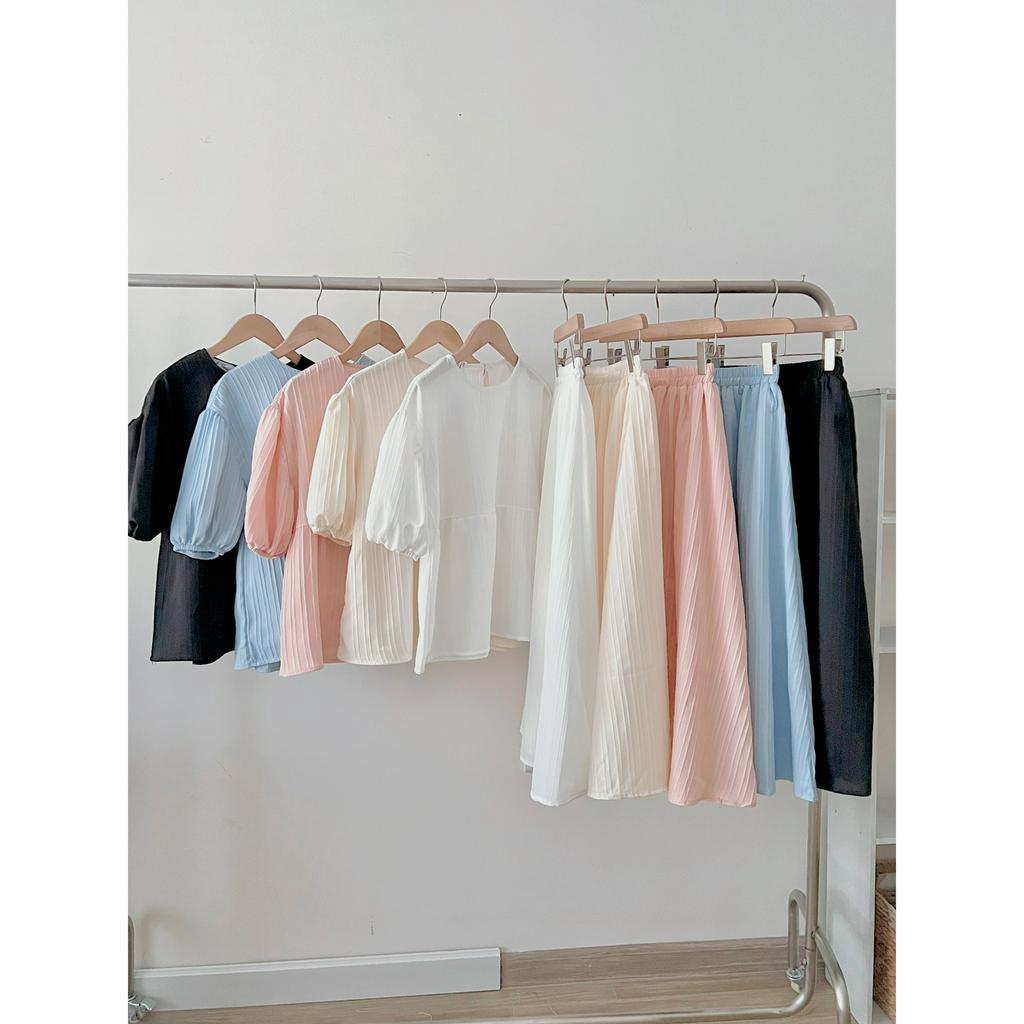 Set áo gân tay bồng kèm chân váy dáng dài 5 màu