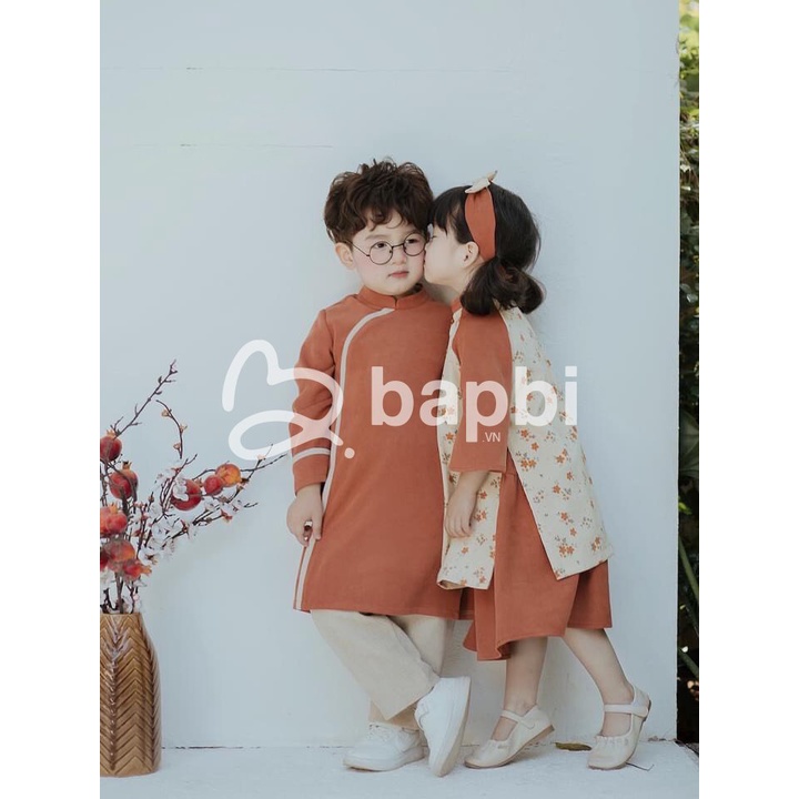Set Áo Dài Cách Tân Cho Bé Trai Bé Gái Họa Tiết Hoa Nhí Màu Cam Đất Size Từ 8-28kg