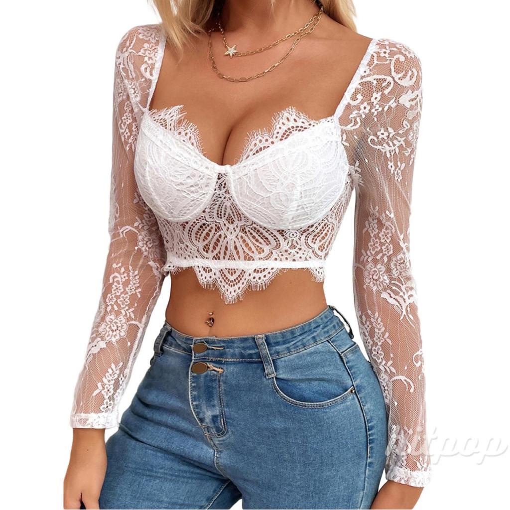 Áo Croptop Tay Dài Cổ Chữ V Phối Ren Xuyên Thấu Thời Trang Quyến Rũ Cho Nữ