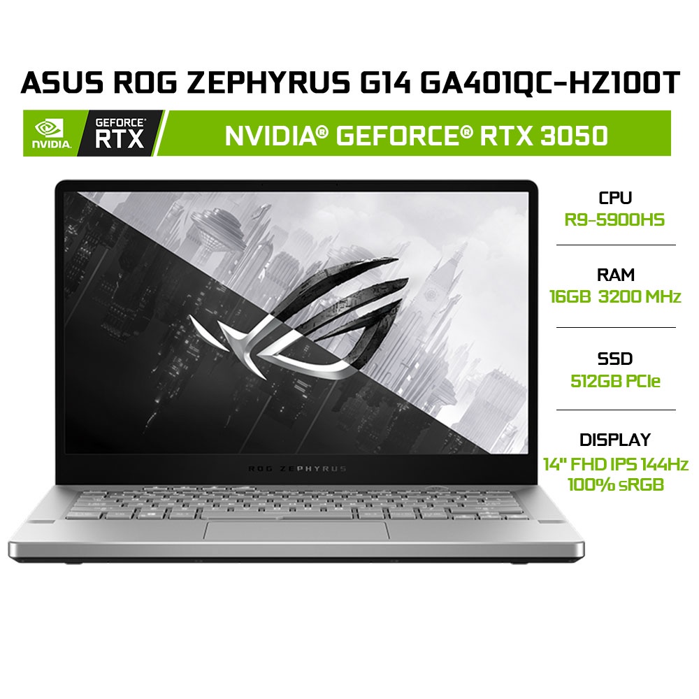 Laptop ASUS ROG Zephyrus G14 GA401QC-HZ100T R9-5900HS | 16GB | 512GB | VGA RTX 3050 4GB | 14' FHD 144Hz | Win 10