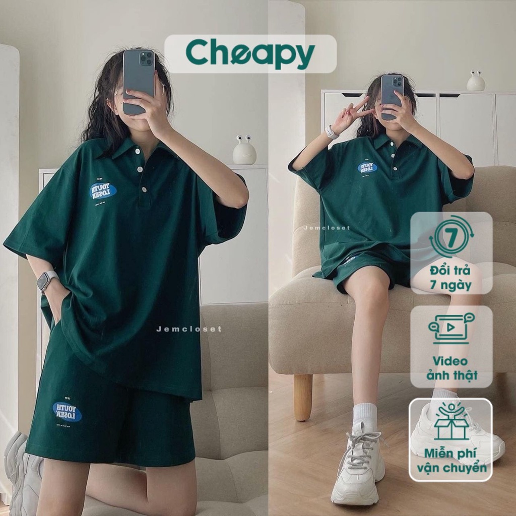 Set đồ nam nữ, táo thun cộc tay Youth cổ polo freesize unisex phối quần short ống suông xanh lá phom rộng Cheapy C991