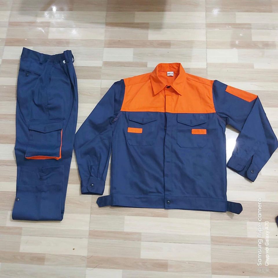 Quần áo bảo hộ lao động -Bộ tím than phối cam - Vải kaki v31- áo bảo hộ cúc - quần túi hộp