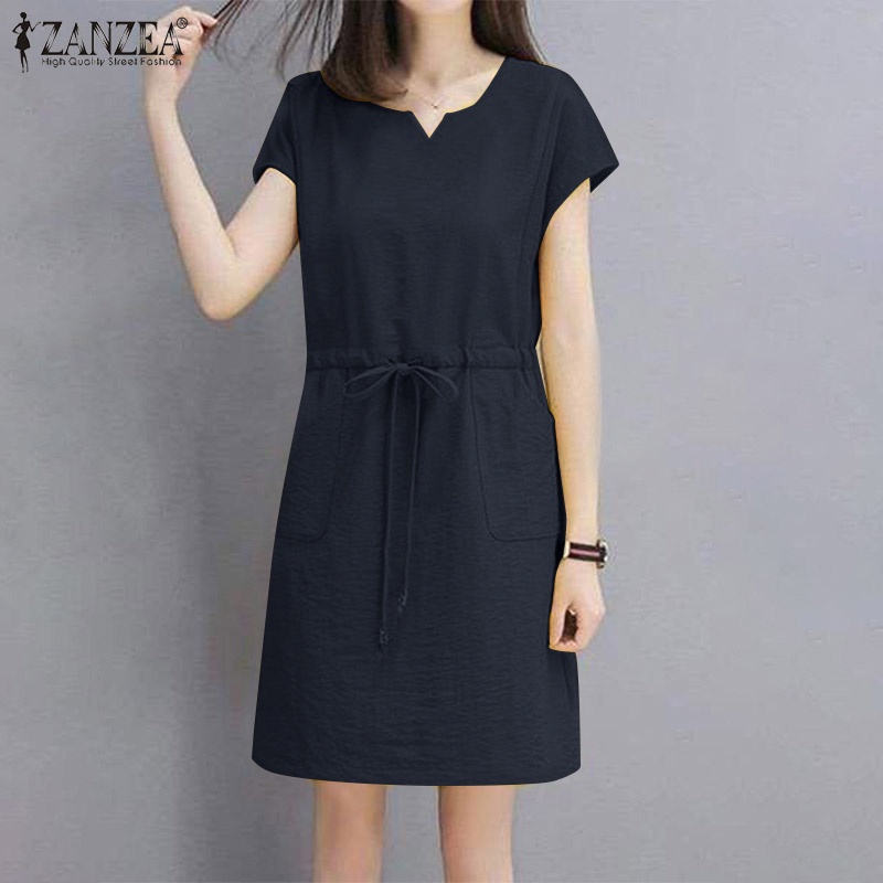 Đầm Zanzea tay ngắn lưng cao màu trơn có dây rút phong cách cổ điển cho nữ