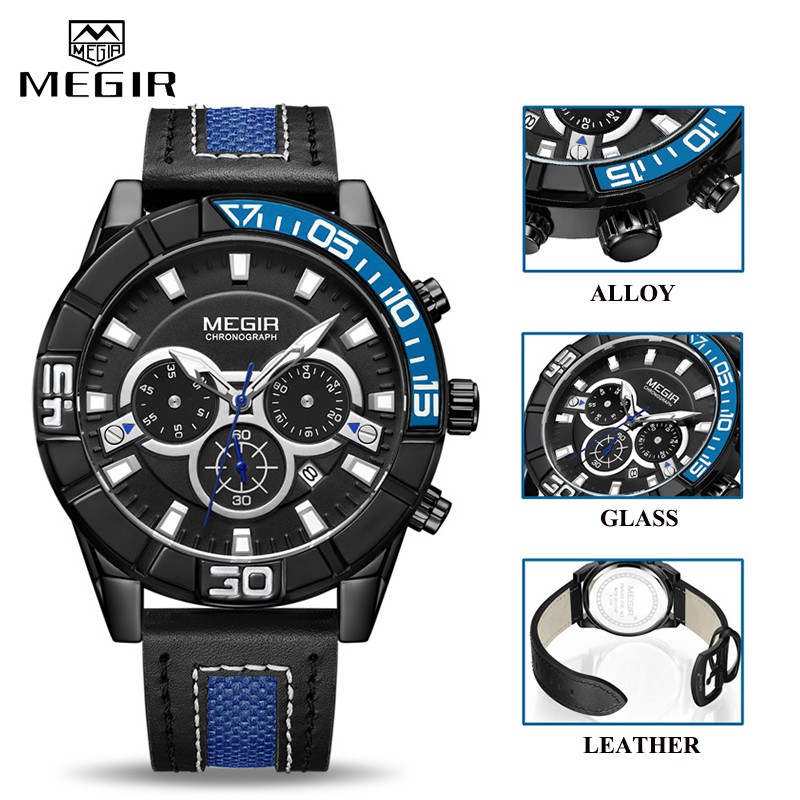 Đồng Hồ Đeo Tay Mặt Tròn Dây Da Chống Nước Thời Trang Dành Cho Nam MEGIR