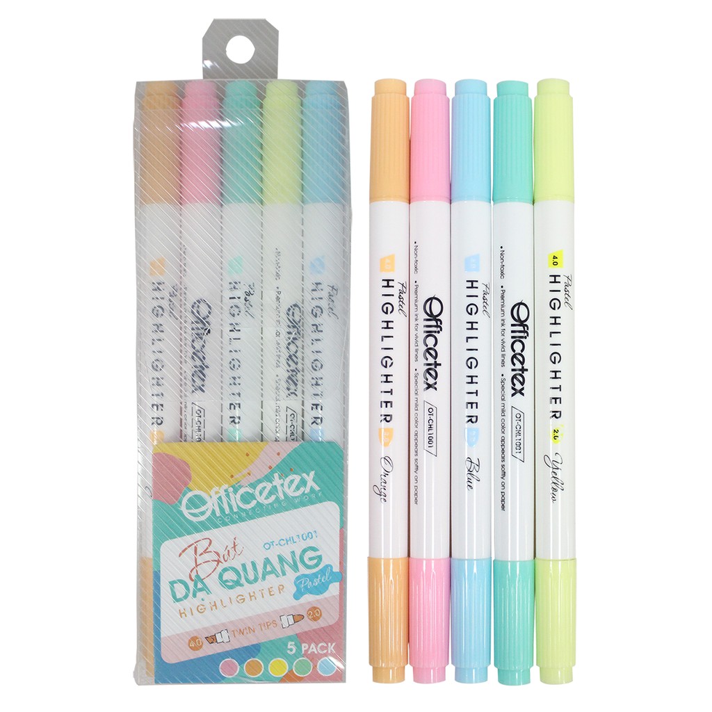 Combo 5 Bút Dạ Quang PASTEL 5 màu tươi xinh - 2 đầu viết lớn nhỏ - Pastel Highlighter - Thương hiệu OFFICETEX của Bitex