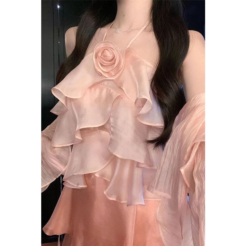 Đầm Hai Dây Nhún Bèo Màu Hồng Phong Cách Pháp Thanh Lịch Cho Nữ