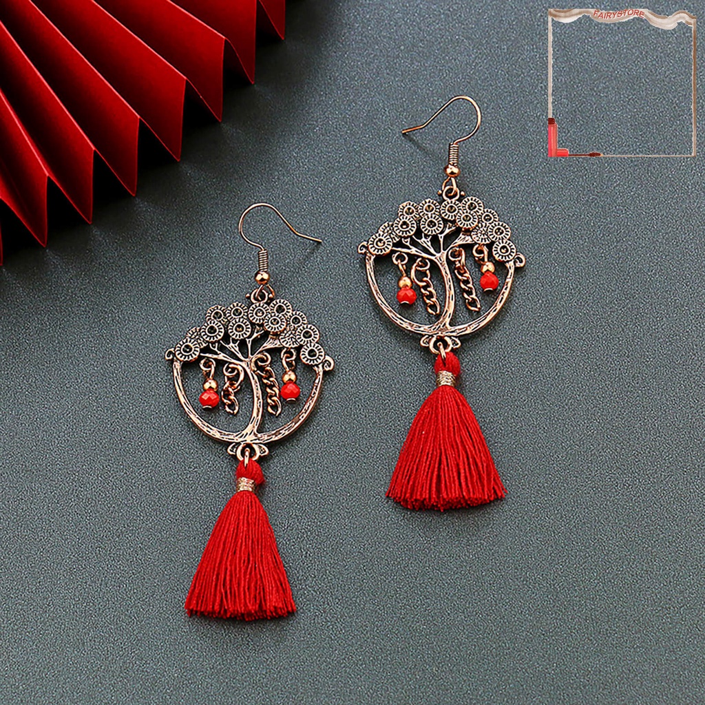 Bông Tai Tua Rua Dáng Dài Màu Đỏ Thời Trang Sang Trọng Cho Nữ