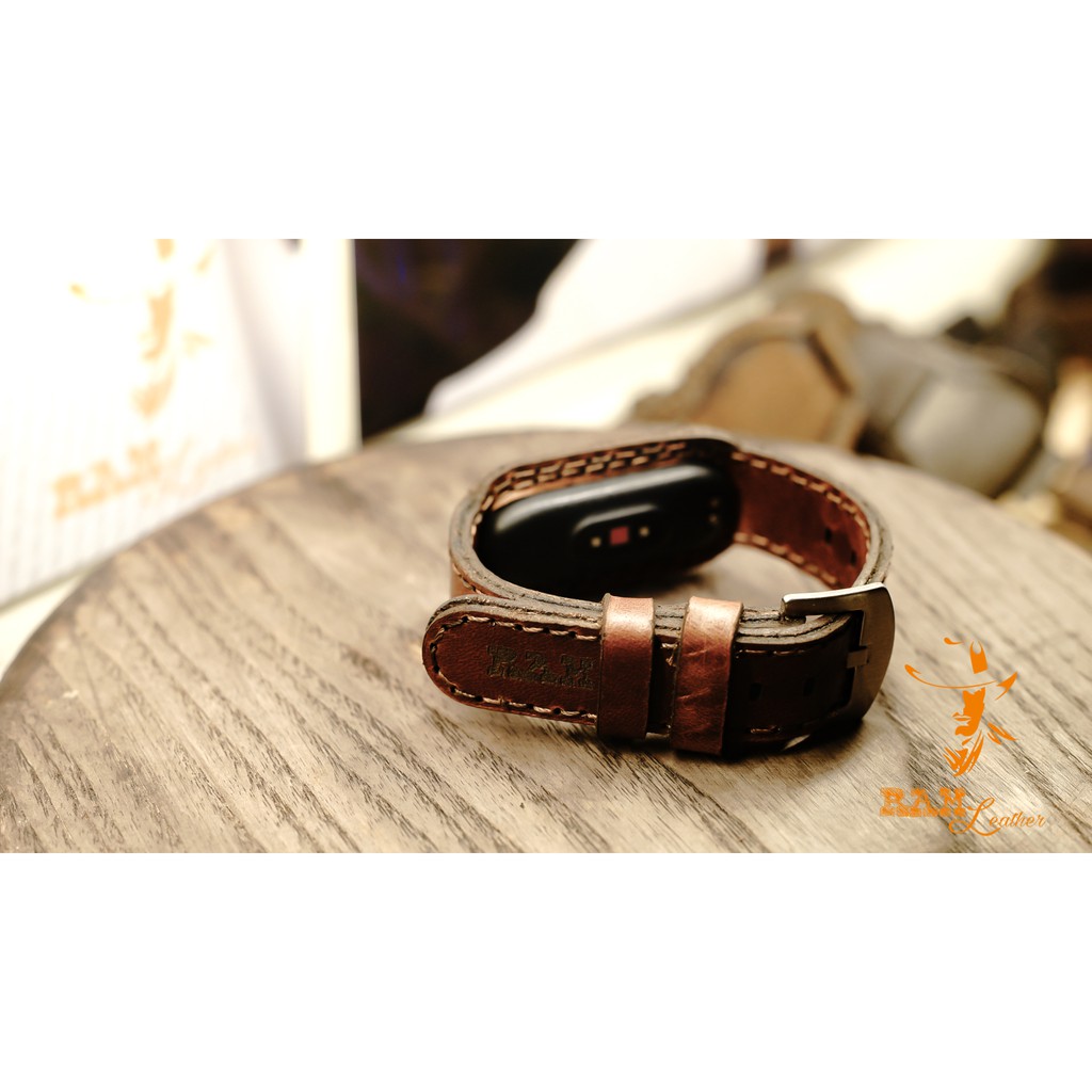 Dây miband da bò thật cao cấp cho miband 3 , miband 4 , miband 5, miband 6 da bò nâu đỏ - RAM Leather