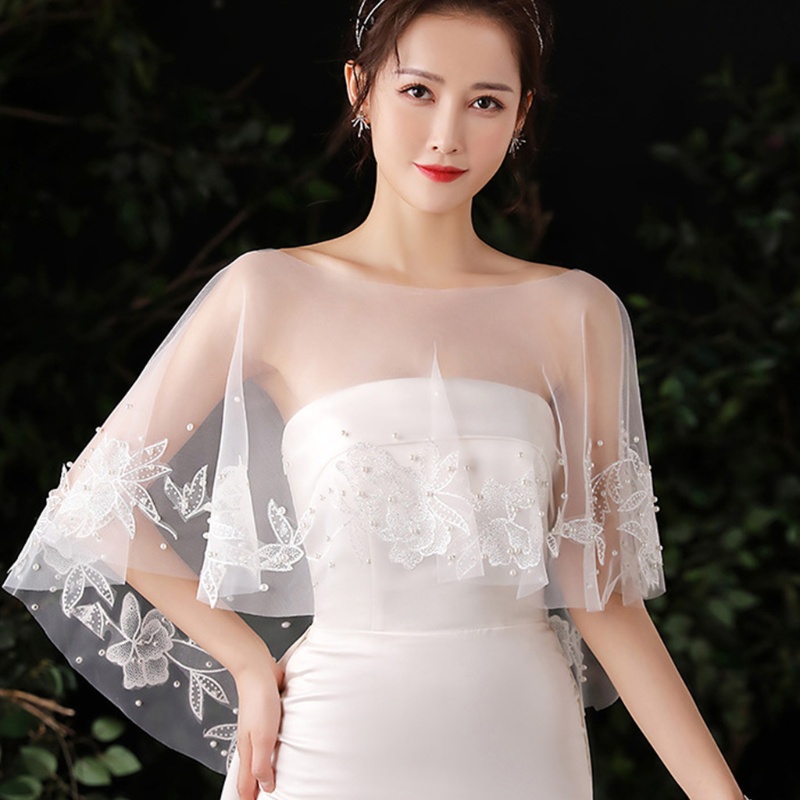 Xiangbao Khăn Choàng Ren Thêu Hoa Đính Hạt Ngọc Trai Giả Cho Cô Dâu Bolero Tulle C