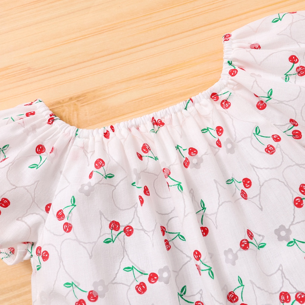 Set đồ 2 món Mikrdoo gồm áo tay cộc in họa tiết quả cherry + quần ngắn màu đỏ thời trang mùa hè cho bé gái