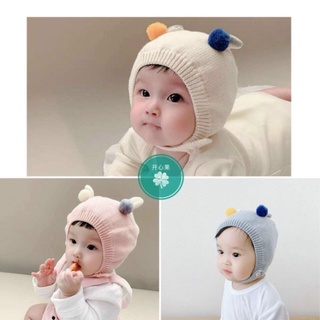 Mũ nón len đội đầu mùa đông 2 lớp bé trai gái có dây cài cúc tránh rơi phối tai thỏ đáng yêu 3-12 tháng