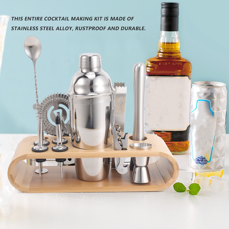 Bộ Dụng Cụ Pha Chế Cocktail 12 Món Bằng Thép Không Gỉ Kèm Giá Đỡ Tiện Lợi Dành Cho Bartender