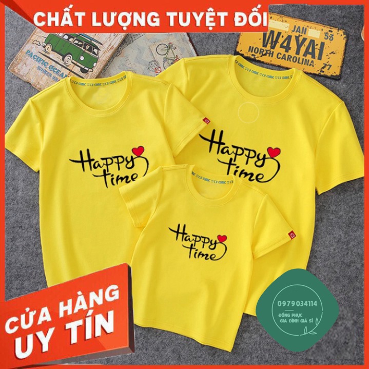 Áo gia đình Happy time Đồng phục gia đình 3/4/5 người đi biển giá rẻ Thun cotton Màu vàng GD0002v Bin Action
