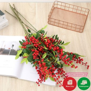 Cành Đào Đông Đỏ Có Lá Xanh - Cành Quả Đào Đông, Hoa Giả Trang Trí Nhà Cửa Lizflower