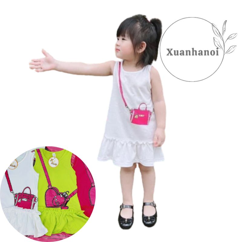 Váy bé gái cotton tầu đuôi cá hình in túi đeo chéo Trắng, Xanh và hồng sen XHN978