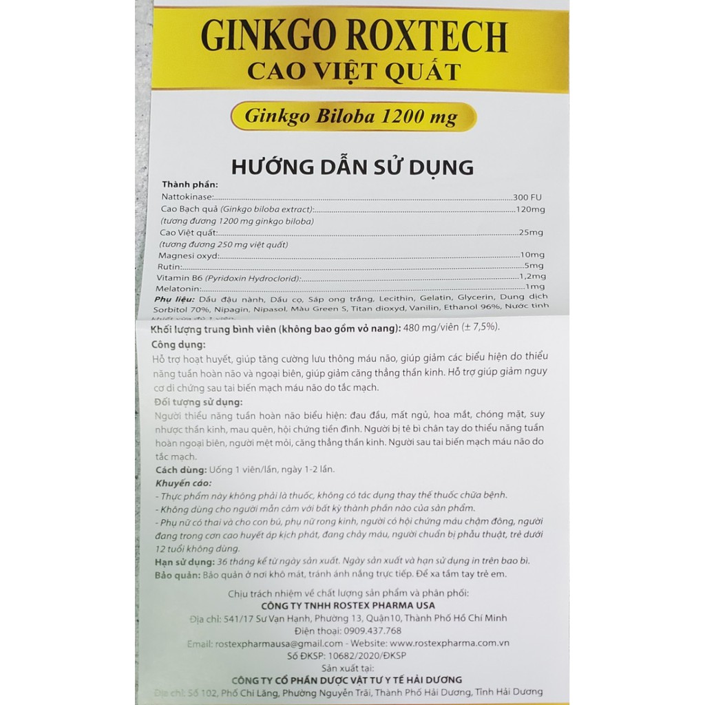 Hoạt huyết dưỡng não GINKGO BILOBA CAO VIỆT QUẤT 1200mg  giúp bổ não, tăng cường trí nhớ - Hộp 100 viên