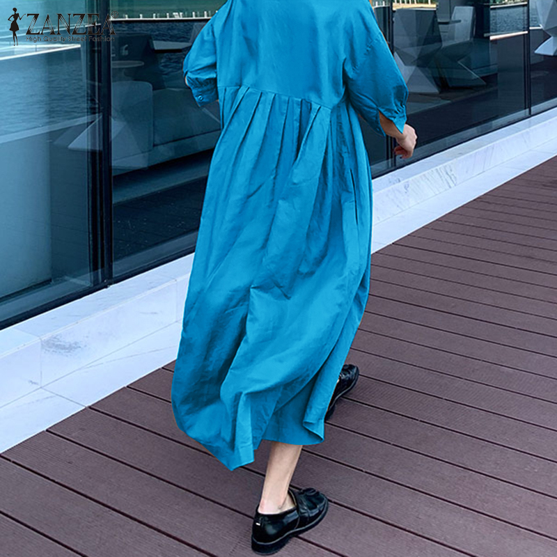 Đầm dài ZANZEA tay ngắn xếp ly màu đơn sắc giản dị cho nữ | BigBuy360 - bigbuy360.vn