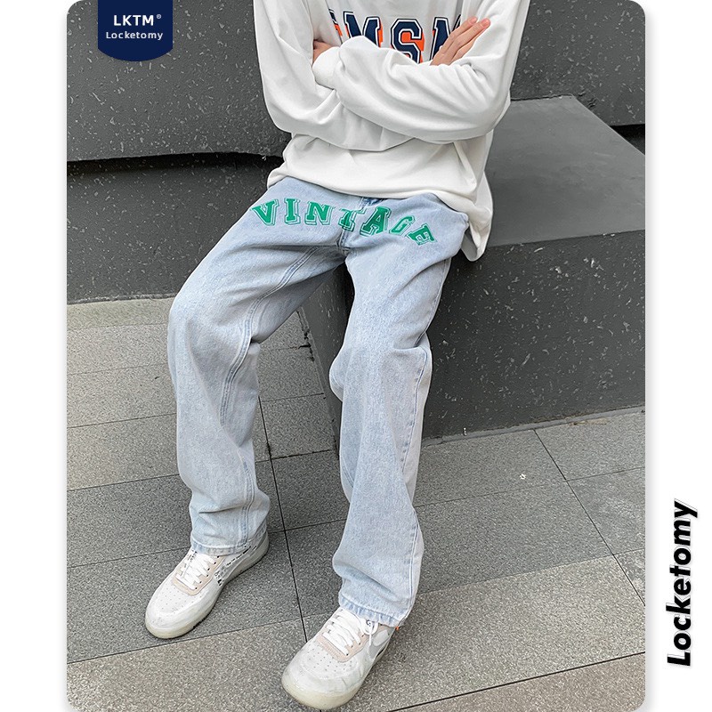 Quần jeans ống suông Hàn Quốc #G087 họa tiết Vintage