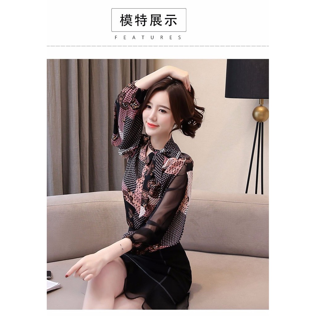 Áo sơ mi nữ hoạ tiết -áo voan cột nơ