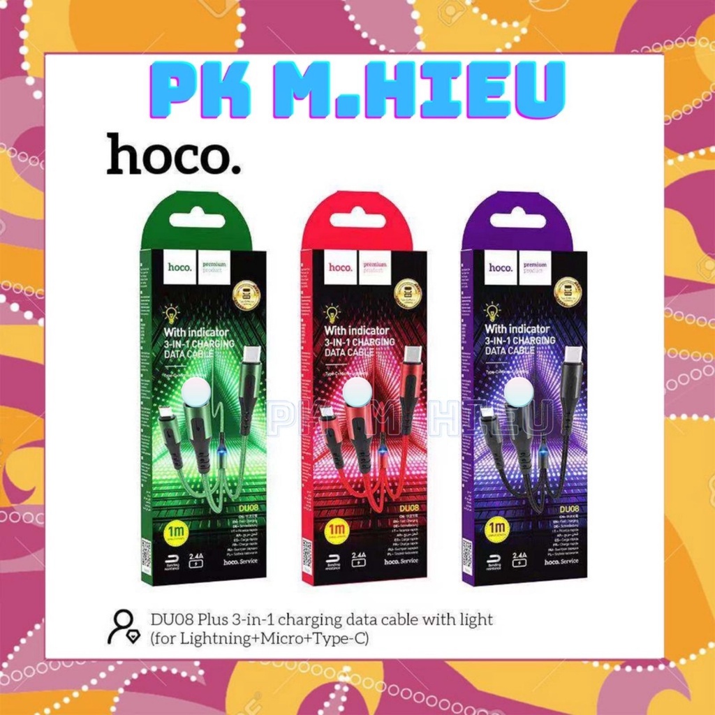 Cáp Sạc Dù Báo Đèn 3 đầu Hoco DU08 3in1 (Truyền dữ liệu và sạc)