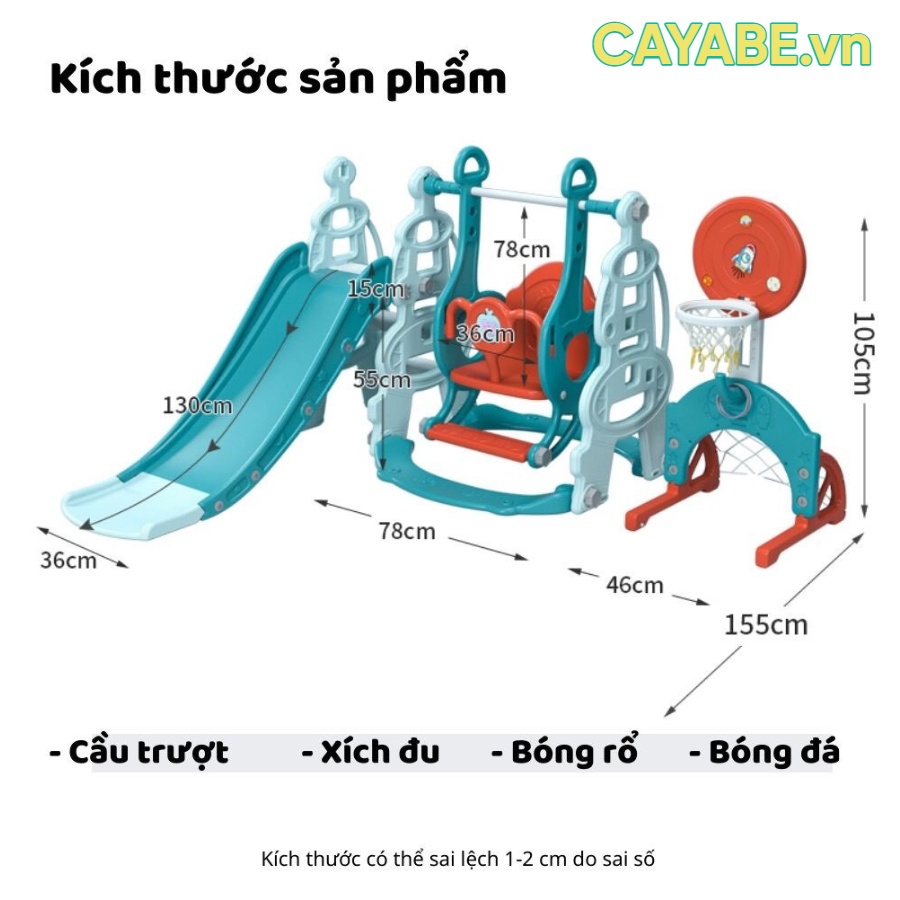 [CAYABE]: Cầu trượt - xích đu - cột bóng rổ hải cẩu, sư tử, tên lửa cho bé xanh lá - xanh dương - hồng