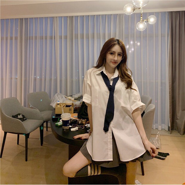 (tặng cavat) ÁO SƠ MI NỮ  FREESHIP  GIẢM 3K (Nhập Mã SHOPA3N)TRẮNG ULZZANG DÁNG DÀI HOT