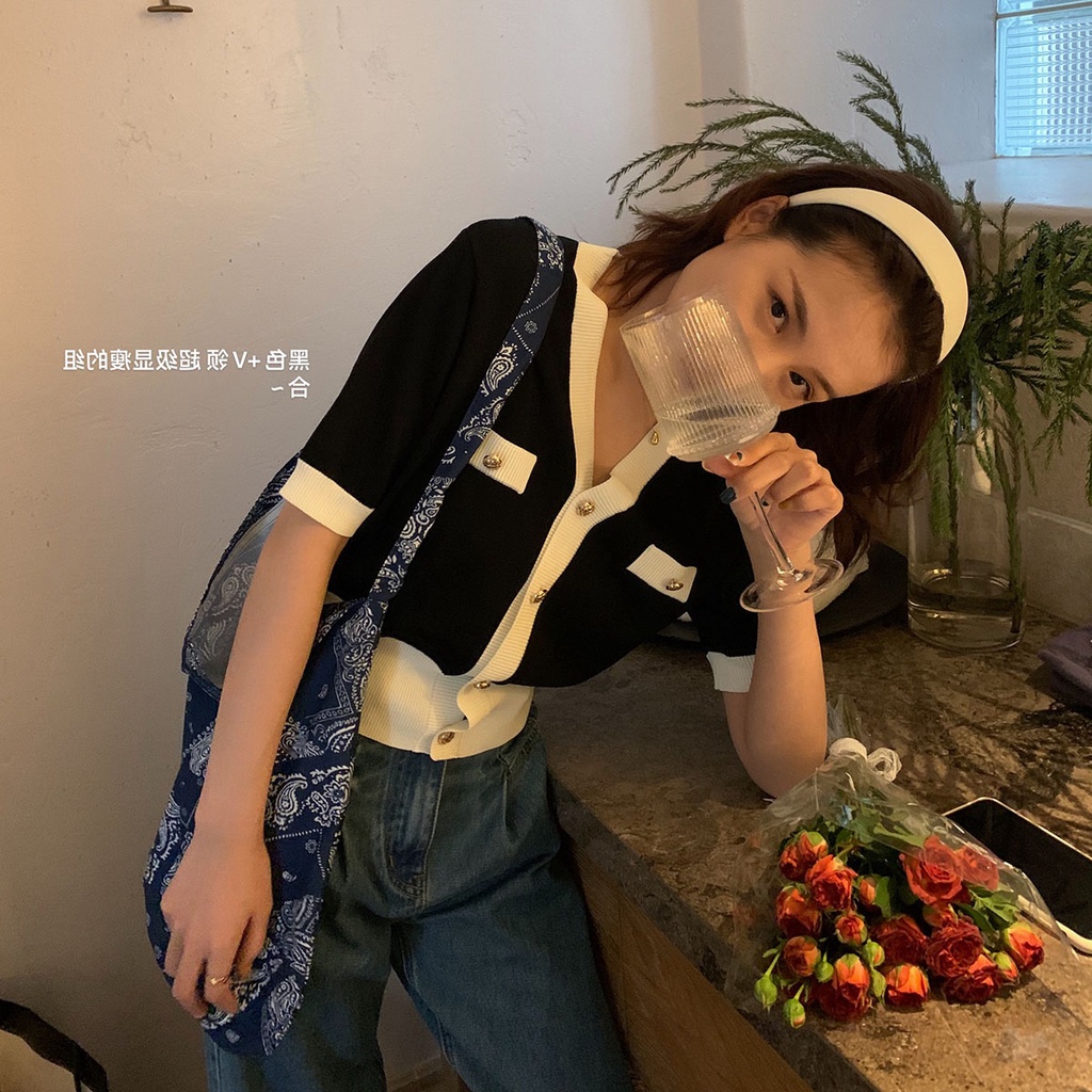Áo khoác cardigan ZHELIHANGFEI dệt kim tay ngắn dáng rộng cổ chữ V thời trang cho nữ