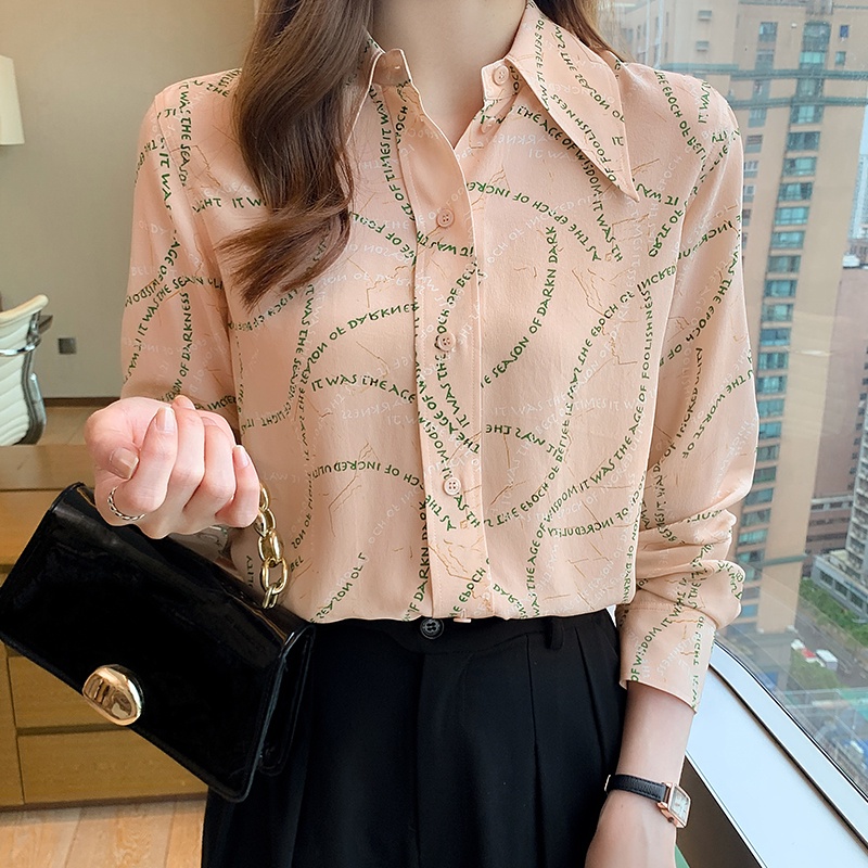 Áo sơ mi chiffon tay dài in chữ phong cách Hàn Quốc thời trang mùa thu cho nữ