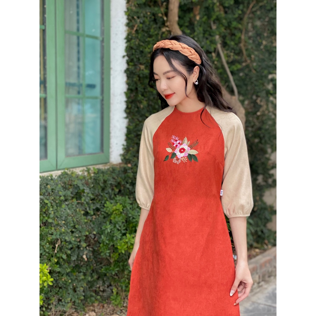 [HÀNG CÓ SẴN] Áo Dài An Nhiên May Boutique màu cam phối be Freesize SAD21D_112.005-OR-F