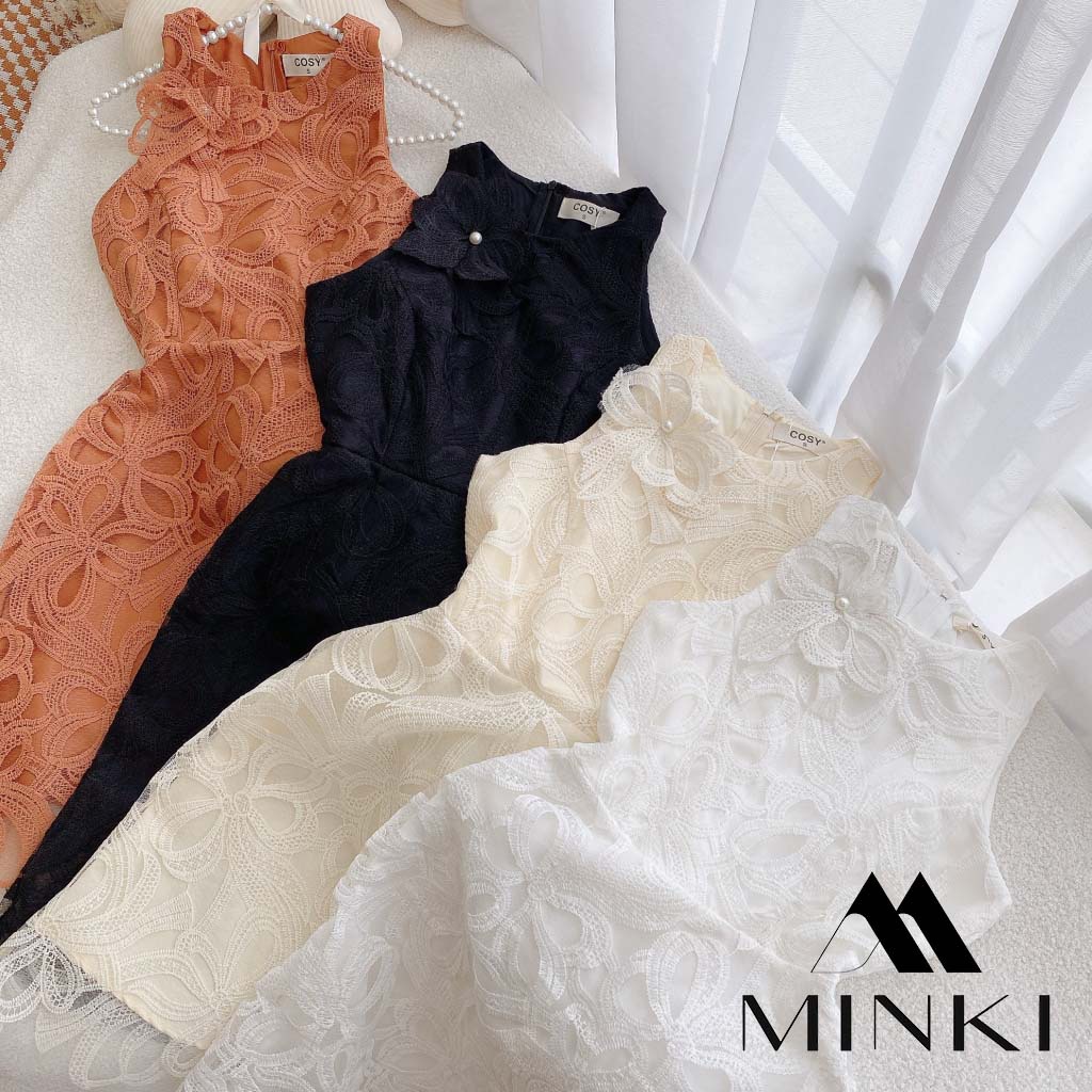 ĐẦM REN SÁT NÁCH KÈM HOA 4 MÀU - CHẤT REN CAO CẤP - MÀU CAM /  TRẮNG / ĐEN / NUDE