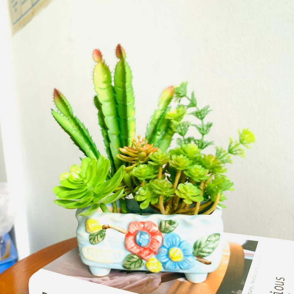 Chậu cây sen đá giả mini để bàn trang trí kệ tủ, giá sách, decor bàn làm việc, để bàn học dễ thương