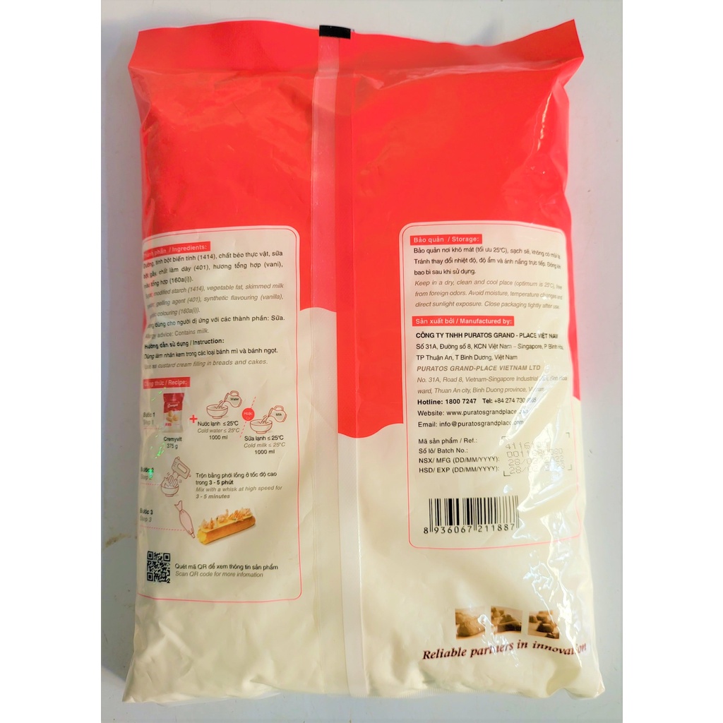 [Túi 1Kg – CREMYVIT ] BỘT TRỘN SẴN NHÂN KEM SU [VN] PURATOS Custard Cream Mixes