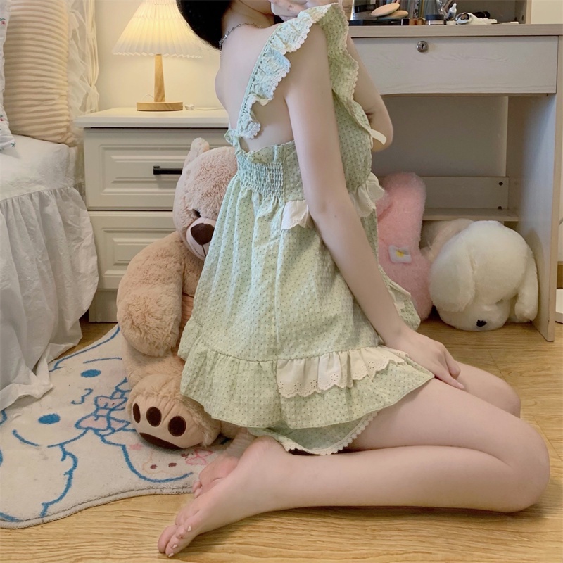 Set bộ nữ mặc nhà chấm bi xanh lá 2 dây quảng châu