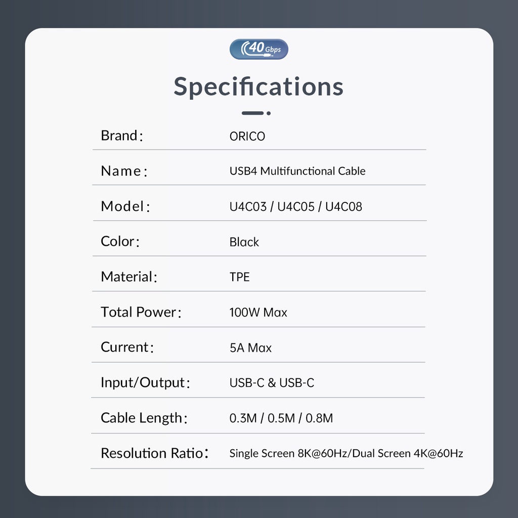 Cáp sạc nhanh ORICO U4C03/U4C05/U4C08 USB 4 IF HD 8K @60Hz PD100W 40Gbps