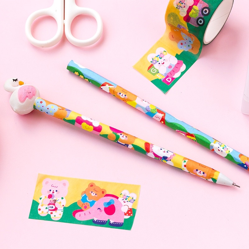 Washi Tape Cuộn băng dính washi tape dài 3 mét hình chủ đề gấu sticker dán trang trí sổ planner bullet journal