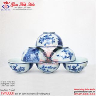 10 chiếc Bát ăn cơm men lam cổ vẽ rồng hóa