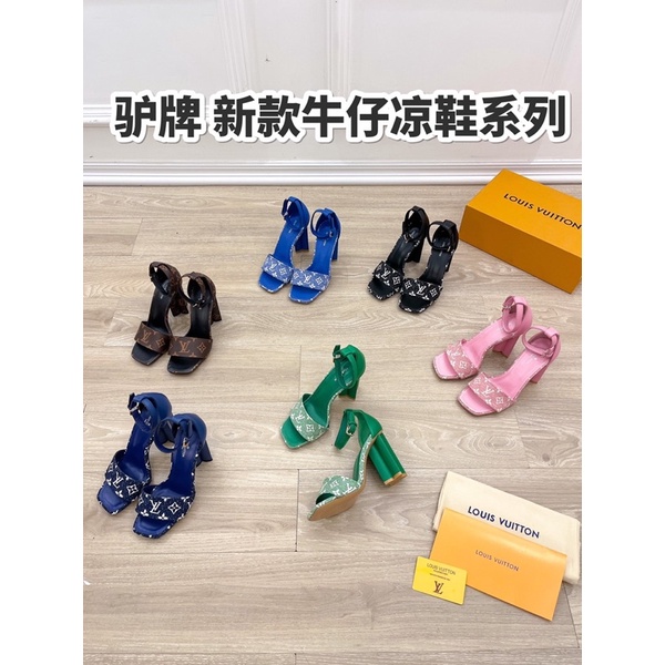 Sandal cao gót mũi vuông gót 10p da thật cao cấp thương hiệu Louis Vuitton LV