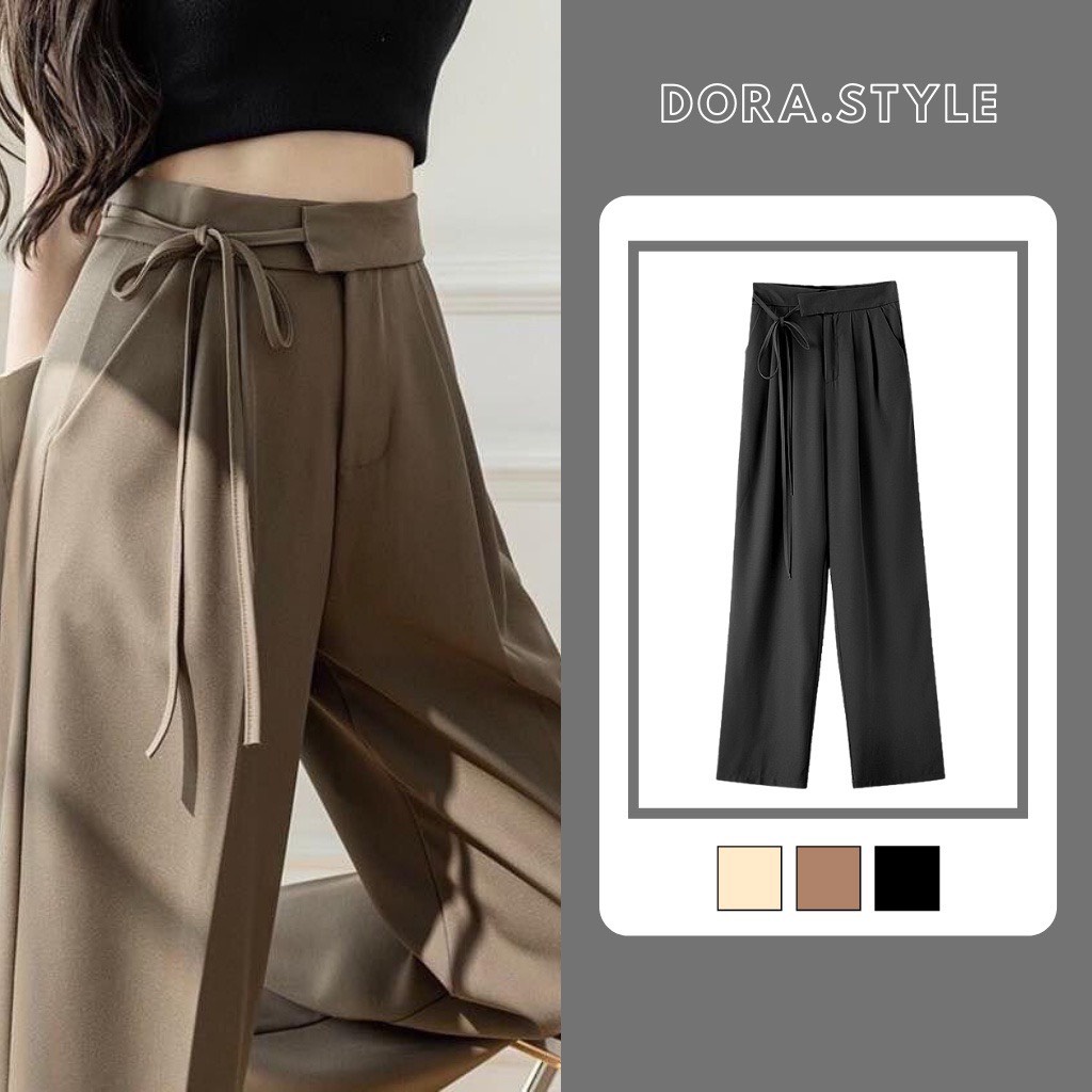 Quần tây ống rộng ulzzang thắt dây 1 bên chất ruby cao cấp, quần ống suông nữ buộc nơ đẹp độc lạ 972