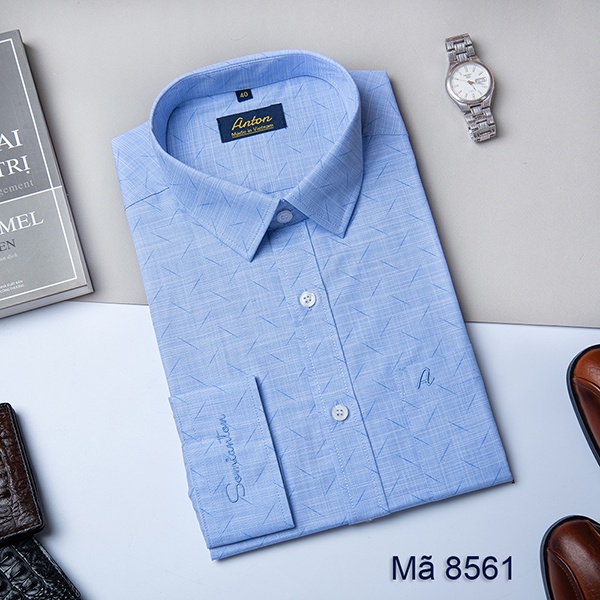 Áo Sơ Mi Nam Công Sở Trung Niên Thương Hiệu Anton Màu Xanh Dương Họa Tiết In Chìm Vải Sợi Cotton - X8561