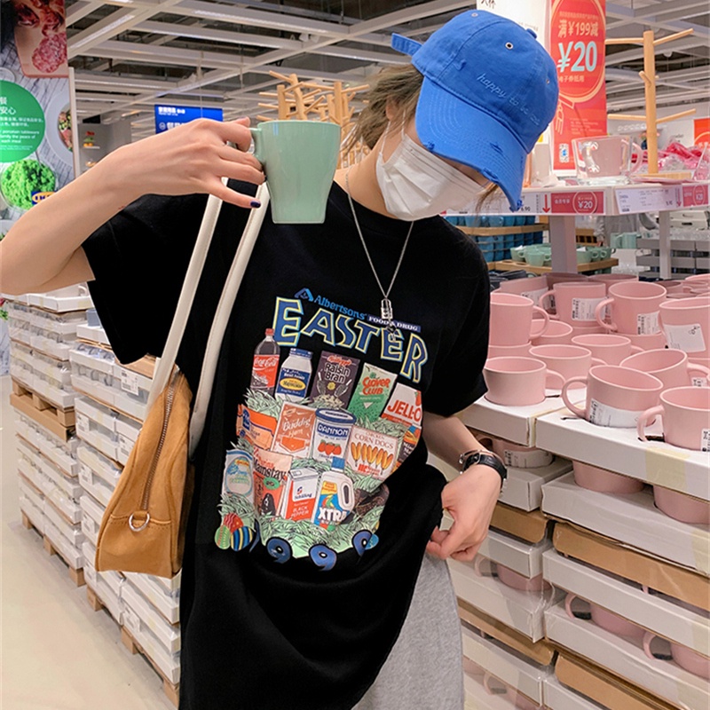 Áo Thun Nữ Ngắn Tay Cổ Tròn In Hình Phong Cách Hàn Quốc Mới