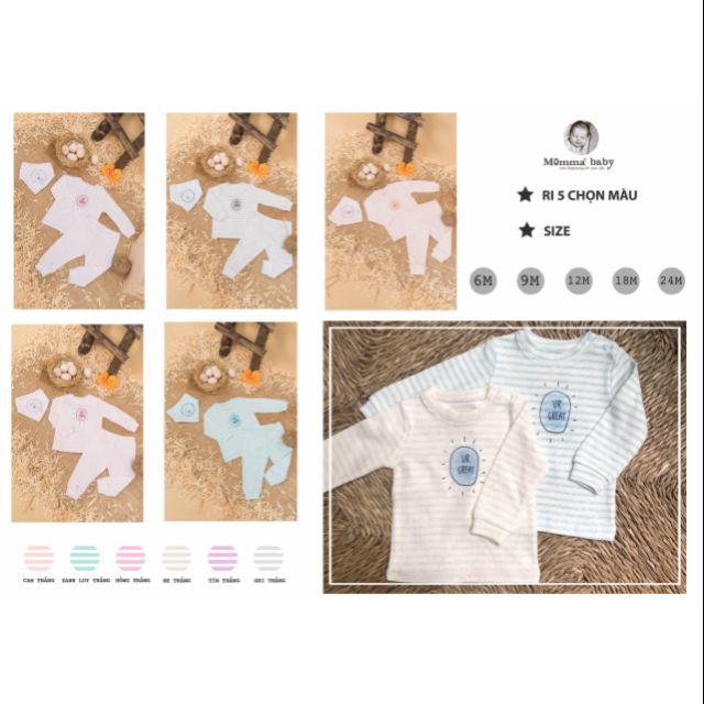 Momma - Bộ cài vai kẻ chất cotton len kèm khăn tam giác 6-24m