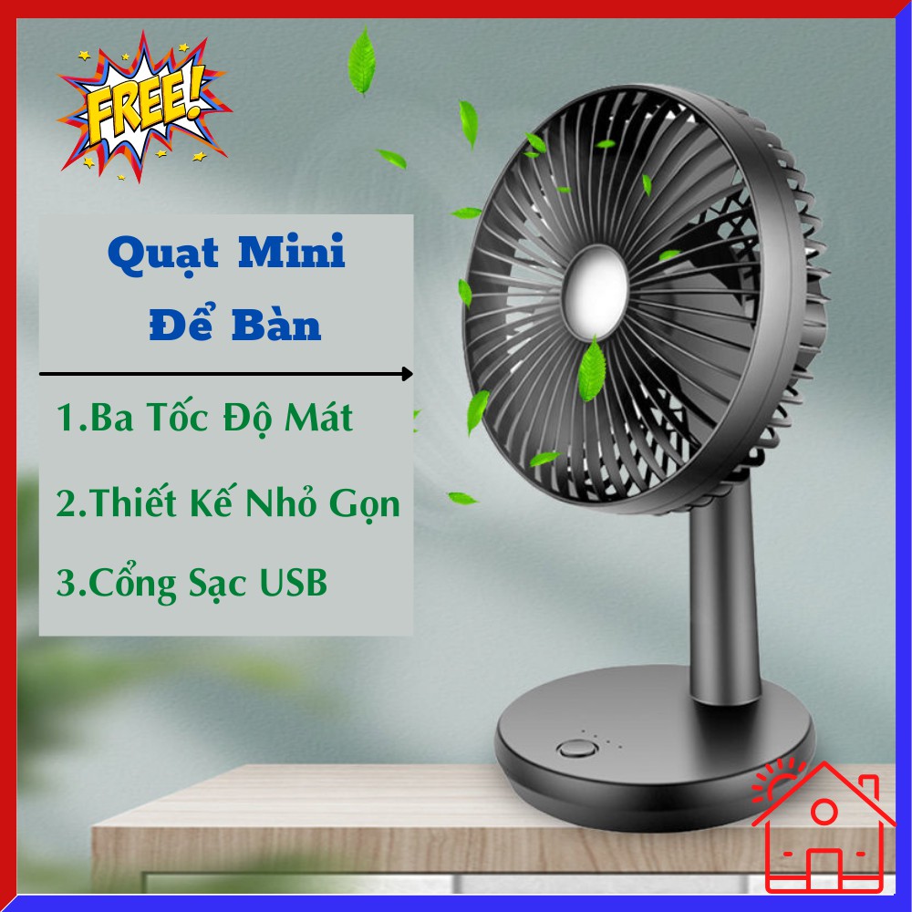 Quạt mini , Quạt để bàn mini , quạt tích điện xoay 90 độ luồng gió thổi làm mát TIME HOME