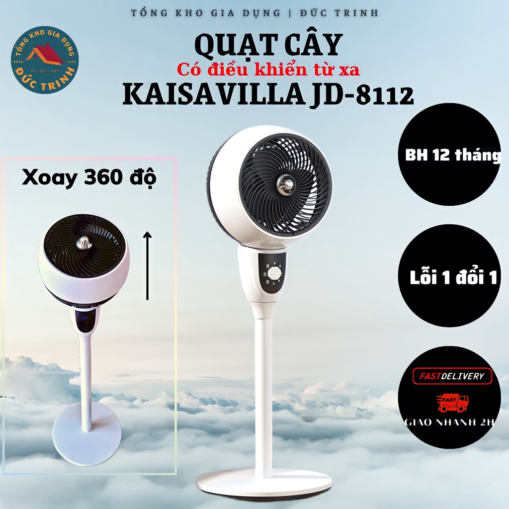 Quạt Cây Đứng Điều Khiển Từ Xa - Quạt Điện Xoay 90 Độ, 3 Chế Độ Gió Chính Hãng Kaisa Villa Model JD-8112