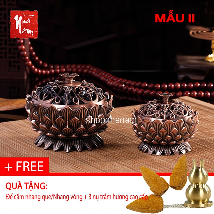 Lư hương đỉnh xông nụ trầm hương màu đồng đỏ lò đốt nhang vòng nhang que đế chân nến phụ kiện thác khói TKPK_11