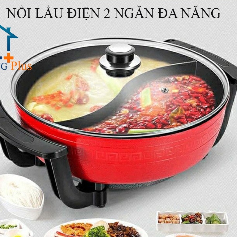 Nồi lẩu điện đa năng 2 ngăn chống dính SEKA - Huashu cao cấp thế hệ mới cỡ 6L phù hợp từ 6 - 8 người ăn