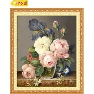 Tranh đính đá loại nhỏ Bình hoa hồng Df2498 (49x60cm) [KHO SỈ] Tranh chất lượng cao