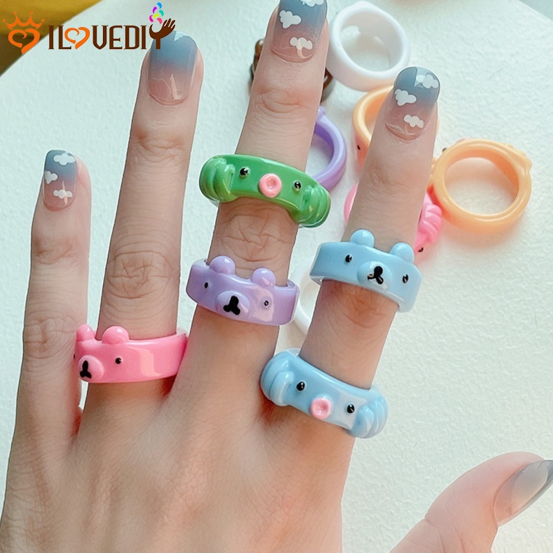 [Women Cartoon Candy Color Resin Octopus Bear Rings] [ Elegant Ladies Smooth Fine Thin Finger Ring] [Lovely Jewelry Gifts For Girl Friends]