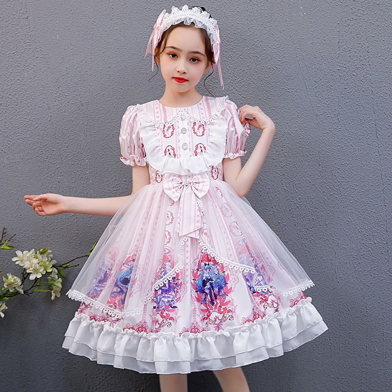 Đầm Lolita Họa Tiết Gấu Phong Cách Phương Tây Xinh Xắn Cho Bé Gái 9-12 Tuổi